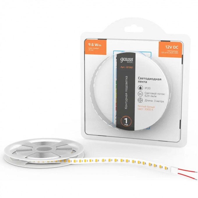 Лента GAUSS BASIC LED 2835/120 12V 9,6W/m 624lm/m 3000K 8mm IP20 3m BT061 Лента GAUSS BASIC LED 2835/120 12V 9,6W/m 624lm/m 3000K 8mm IP20 3m BT061