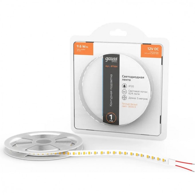Лента GAUSS BASIC LED 2835/120 12V 9,6W/m 624lm/m 3000K 8mm IP20 5m 1/100 BT064 Лента GAUSS BASIC LED 2835/120 12V 9,6W/m 624lm/m 3000K 8mm IP20 5m 1/100 BT064