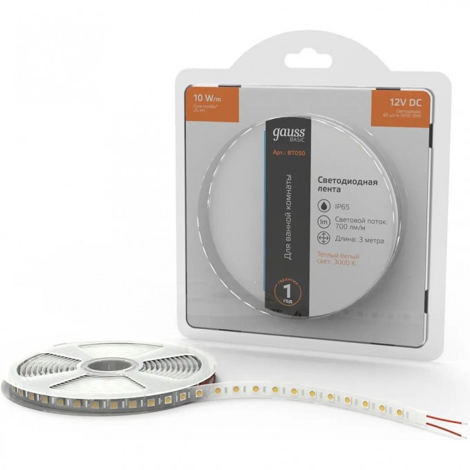 Лента GAUSS BASIC LED 5050/60 12V 10W/m 700lm/m 3000K 10mm IP65 3m BT050 Лента GAUSS BASIC LED 5050/60 12V 10W/m 700lm/m 3000K 10mm IP65 3m BT050