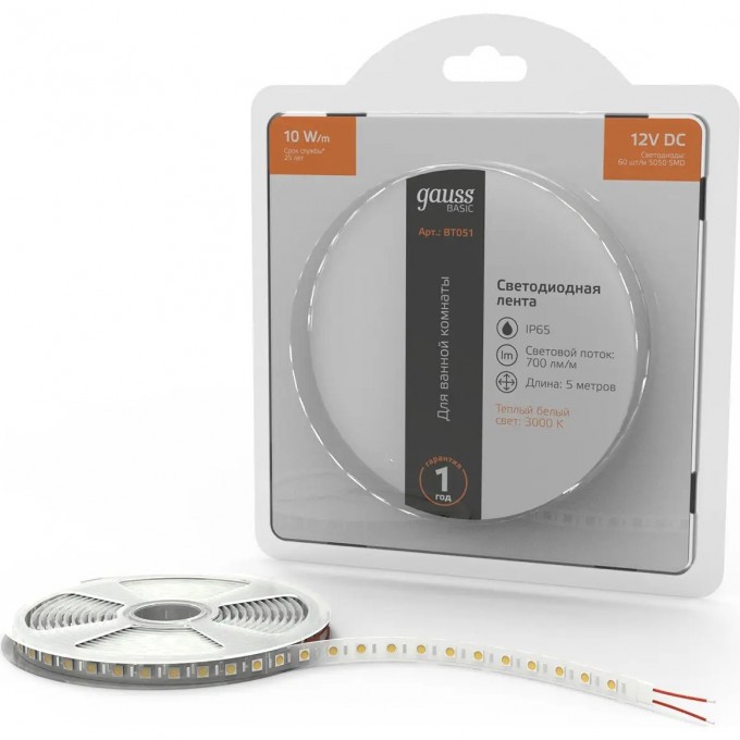Лента GAUSS BASIC LED 5050/60 12V 10W/m 700lm/m 3000K 10mm IP65 5m BT051 Лента GAUSS BASIC LED 5050/60 12V 10W/m 700lm/m 3000K 10mm IP65 5m BT051