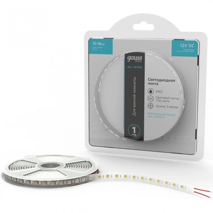 Лента GAUSS BASIC LED 5050/60 12V 10W/m 700lm/m 4000K 10mm IP65 3m BT052 Лента GAUSS BASIC LED 5050/60 12V 10W/m 700lm/m 4000K 10mm IP65 3m BT052