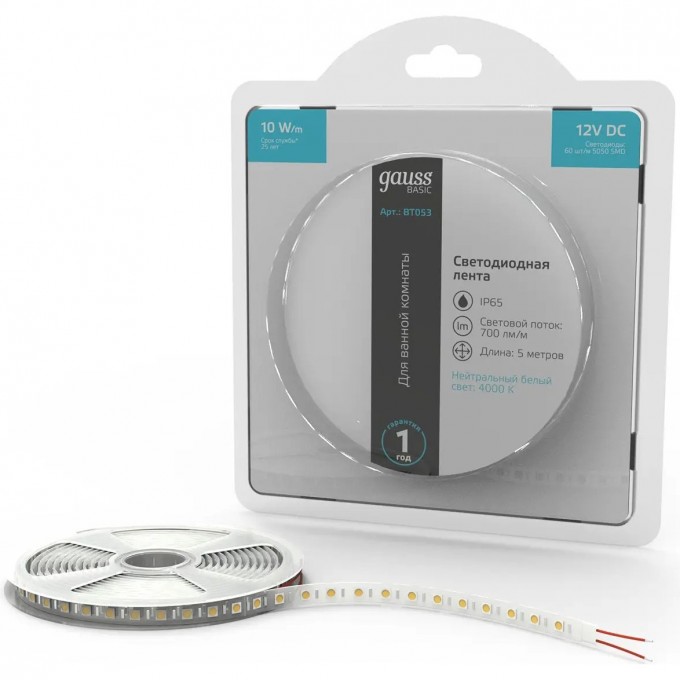 Лента GAUSS BASIC LED 5050/60 12V 10W/m 700lm/m 4000K 10mm IP65 5m BT053 Лента GAUSS BASIC LED 5050/60 12V 10W/m 700lm/m 4000K 10mm IP65 5m BT053