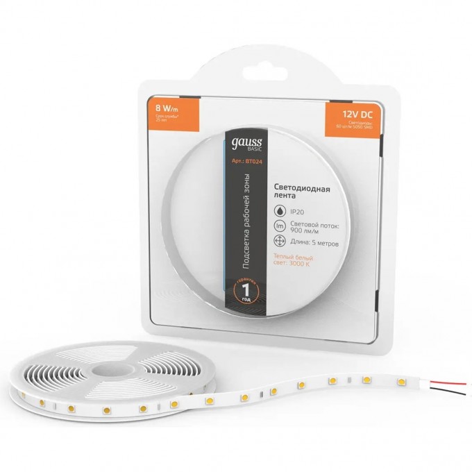 Лента GAUSS BASIC LED 5050/60 12V 8W/m 900lm/m 3000K 10mm IP20 5m BT024 Лента GAUSS BASIC LED 5050/60 12V 8W/m 900lm/m 3000K 10mm IP20 5m BT024