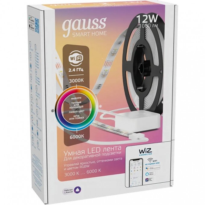 Лента GAUSS SMART HOME 12W 1000lm 3000-6000К 100-240V IP20 3м RGBW+изм.цвет.темп.+дим. LED 5010122 Лента GAUSS SMART HOME 12W 1000lm 3000-6000К 100-240V IP20 3м RGBW+изм.цвет.темп.+дим. LED 5010122