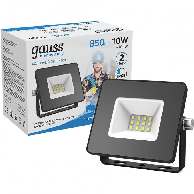 Прожектор GAUSS ELEMENTARY 10W 850lm 6500К 200-240V IP65 черный LED 613100310 Прожектор GAUSS ELEMENTARY 10W 850lm 6500К 200-240V IP65 черный LED 613100310