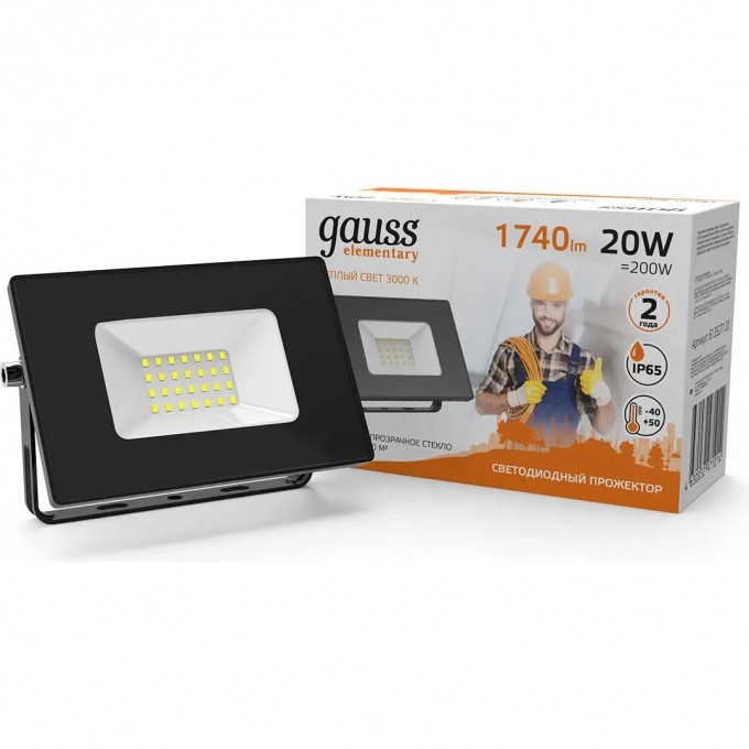 Прожектор GAUSS ELEMENTARY 20W 1740lm 3000К 200-240V IP65 LED 1/20 черный 613527120 Прожектор GAUSS ELEMENTARY 20W 1740lm 3000К 200-240V IP65 LED 1/20 черный 613527120
