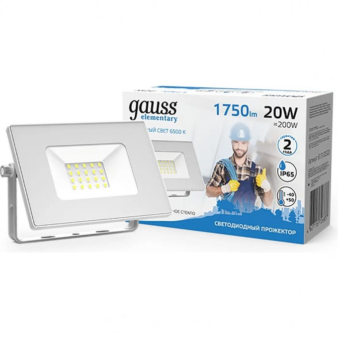 Прожектор GAUSS ELEMENTARY 20W 1750lm 6500K 200-240V IP65 LED 1/20 белый 613120320 Прожектор GAUSS ELEMENTARY 20W 1750lm 6500K 200-240V IP65 LED 1/20 белый 613120320