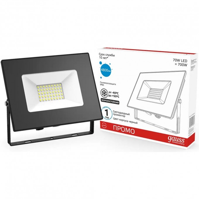 Прожектор GAUSS ELEMENTARY 70W 4800lm 6500К 175-265V IP65 PROMO черный LED 613100370P Прожектор GAUSS ELEMENTARY 70W 4800lm 6500К 175-265V IP65 PROMO черный LED 613100370P