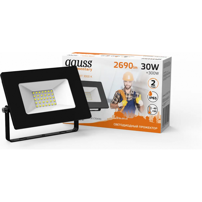 Прожектор светодиодный GAUSS ELEMENTARY G2 30W 2690lm IP65 3000К черный 613527130 Прожектор светодиодный GAUSS ELEMENTARY G2 30W 2690lm IP65 3000К черный 613527130