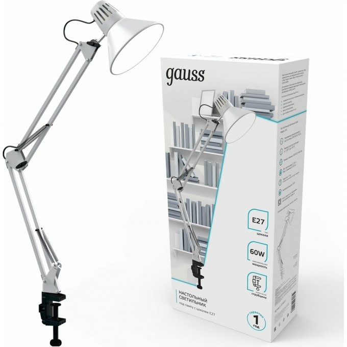 Светильник настольный GAUSS модель GTL001 220-240V E27 белый струбцина 1/16 GT0011 Светильник настольный GAUSS модель GTL001 220-240V E27 белый струбцина 1/16 GT0011
