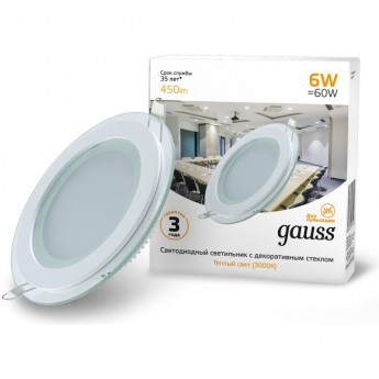 Светильник светодиодный GAUSS встраиваемый 6 Вт 450 Лм 3000К IP20 декоративное стекло (круг)