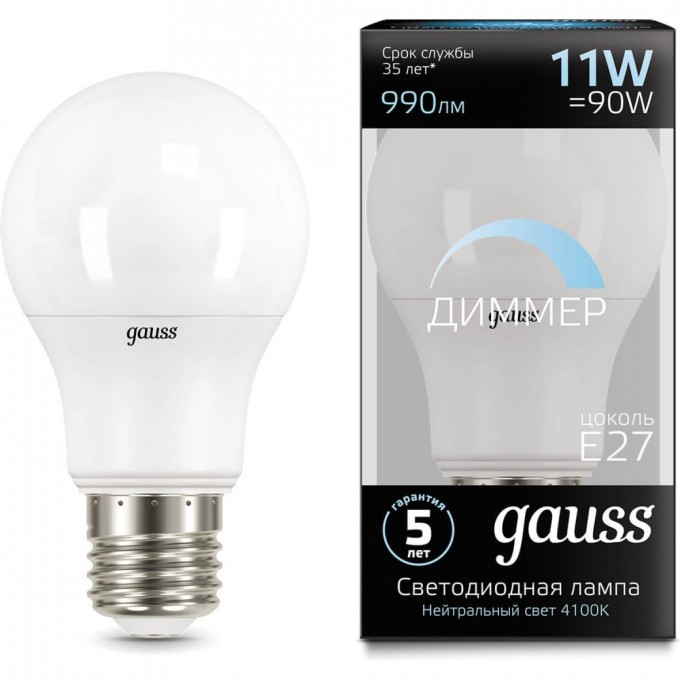 Светодиодная лампа GAUSS A60 11W 990lm 4100К E27 диммируемая LED 1/10/50 102502211-D Светодиодная лампа GAUSS A60 11W 990lm 4100К E27 диммируемая LED 1/10/50 102502211-D