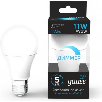 Светодиодная лампа GAUSS A60 11W 990lm 6500К E27 диммируемая LED 1/10/50 Светодиодная лампа GAUSS A60 11W 990lm 6500К E27 диммируемая LED 1/10/50