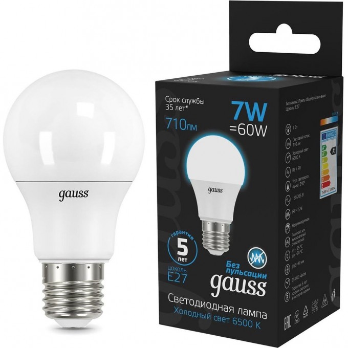 Светодиодная лампа GAUSS A60 7W 710lm 6500K E27 LED 1/10/50 102502307 Светодиодная лампа GAUSS A60 7W 710lm 6500K E27 LED 1/10/50 102502307
