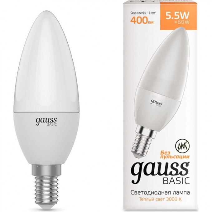 Светодиодная лампа GAUSS BASIC Свеча 5,5W 525LM 3000K E14 (3 лампы в упаковке) LED 1/40 1033116T Светодиодная лампа GAUSS BASIC Свеча 5,5W 525LM 3000K E14 (3 лампы в упаковке) LED 1/40 1033116T