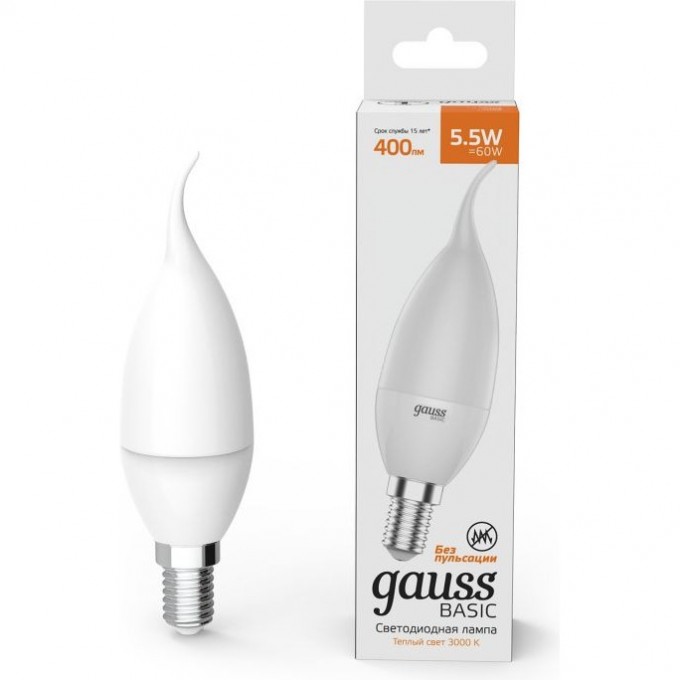 Светодиодная лампа GAUSS BASIC Свеча на ветру 5,5W 400LM 3000K E14 LED 1/10/50 1034116 Светодиодная лампа GAUSS BASIC Свеча на ветру 5,5W 400LM 3000K E14 LED 1/10/50 1034116