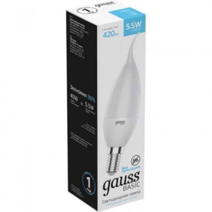 Светодиодная лампа GAUSS BASIC Свеча на ветру 5,5W 420LM 4100K E14 LED 1/10/50 1034126 Светодиодная лампа GAUSS BASIC Свеча на ветру 5,5W 420LM 4100K E14 LED 1/10/50 1034126