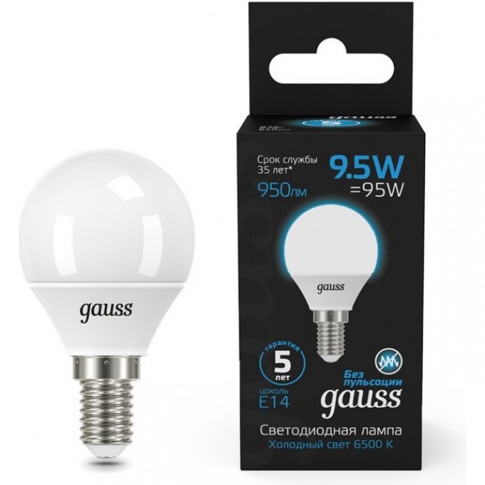 Светодиодная лампа GAUSS BLACK Шар 9.5W 950LM 6500K E14 LED 1/10/50 105101310 Светодиодная лампа GAUSS BLACK Шар 9.5W 950LM 6500K E14 LED 1/10/50 105101310
