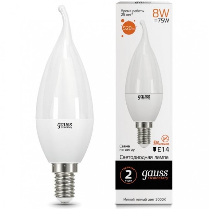 Светодиодная лампа GAUSS LED ELEMENTARY CANDLE TAILED 8W E14 3000K 34118 Светодиодная лампа GAUSS LED ELEMENTARY CANDLE TAILED 8W E14 3000K 34118