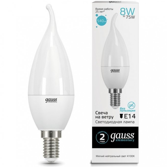 Светодиодная лампа GAUSS LED ELEMENTARY CANDLE TAILED 8W E14 4100K 34128 Светодиодная лампа GAUSS LED ELEMENTARY CANDLE TAILED 8W E14 4100K 34128