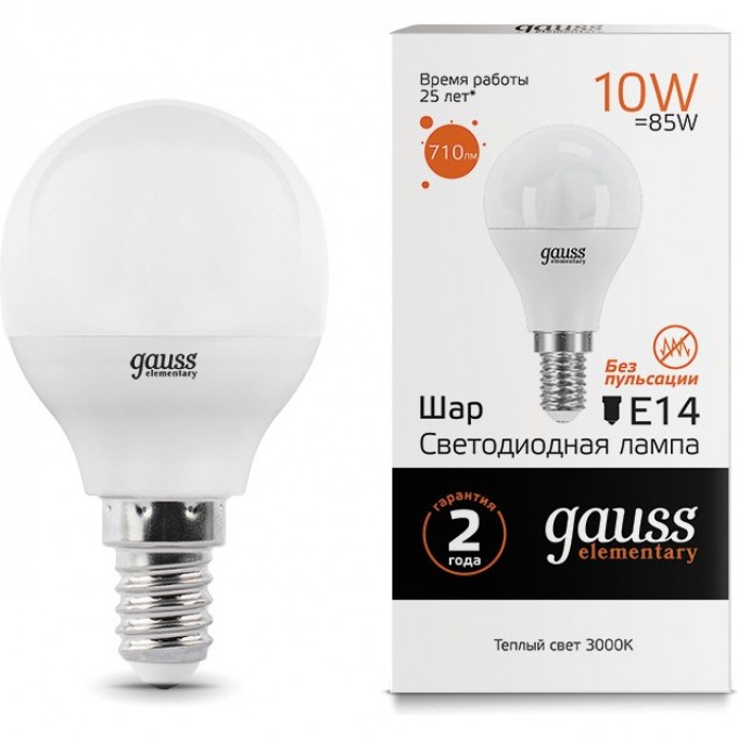 Светодиодная лампа GAUSS LED ELEMENTARY GLOBE 10W E14 3000K 53110 Светодиодная лампа GAUSS LED ELEMENTARY GLOBE 10W E14 3000K 53110