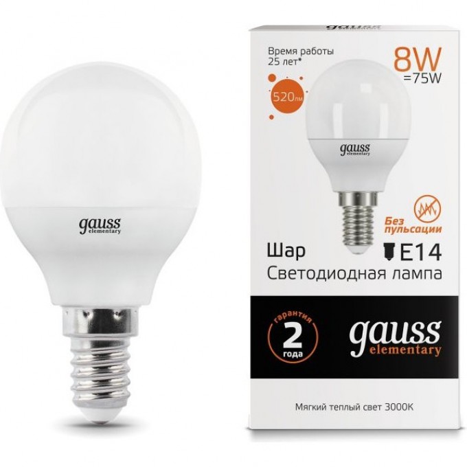 Светодиодная лампа GAUSS LED ELEMENTARY GLOBE 8W E14 3000K 53118 Светодиодная лампа GAUSS LED ELEMENTARY GLOBE 8W E14 3000K 53118
