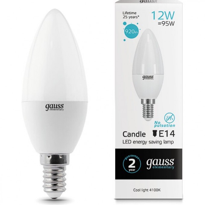 Светодиодная лампа GAUSS LED ELEMENTARY Свеча 12W 920lm E14 4100K 33122 Светодиодная лампа GAUSS LED ELEMENTARY Свеча 12W 920lm E14 4100K 33122